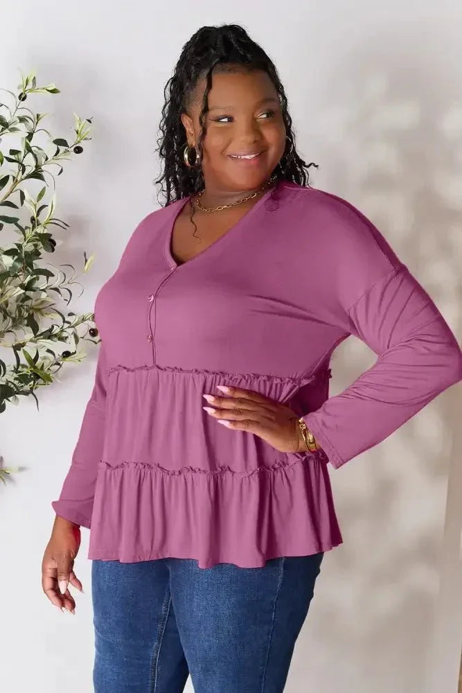 Double Take Half Button Long Sleeve Ruffle Hem Blouse - Update AvenueTrendsi100101245885950100101245885950fdb043e9df4247c196315ee4beefe5bc - MaxLilac