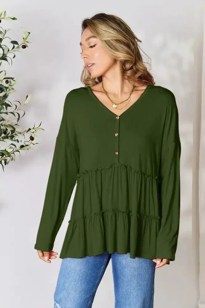 Double Take Half Button Long Sleeve Ruffle Hem Blouse - Update AvenueTrendsi100101245886166100101245886166742dc7138dc24a0b90a7c39d2c460d5c - MaxArmy Green