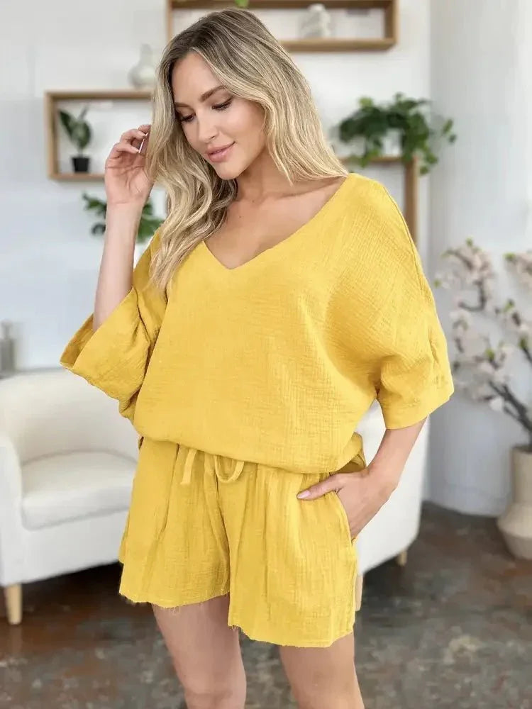 Double Take Texture Half Sleeve T-Shirt and Drawstring Shorts Set - Update AvenueTrendsi10010015563432210010015563432258177554 - 25ba - 4dcc - 91be - 2abf4b7aa10a - MaxGold