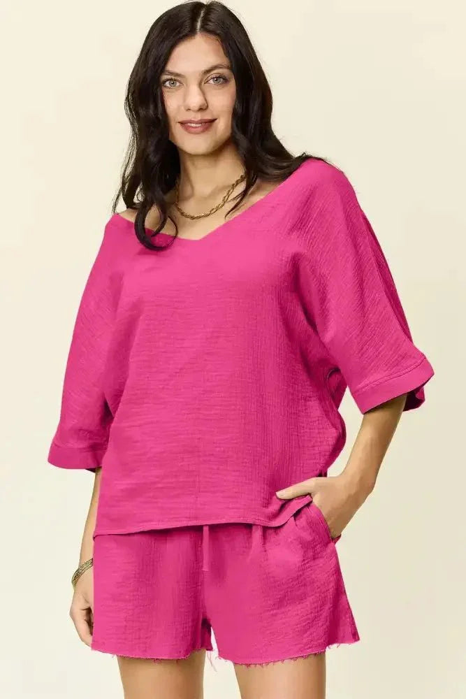 Double Take Texture Half Sleeve T-Shirt and Drawstring Shorts Set - Update AvenueTrendsi100100155637941100100155637941d1f55022 - f2f4 - 438b - b47a - 44b74fe89c0e - MaxHot Pink