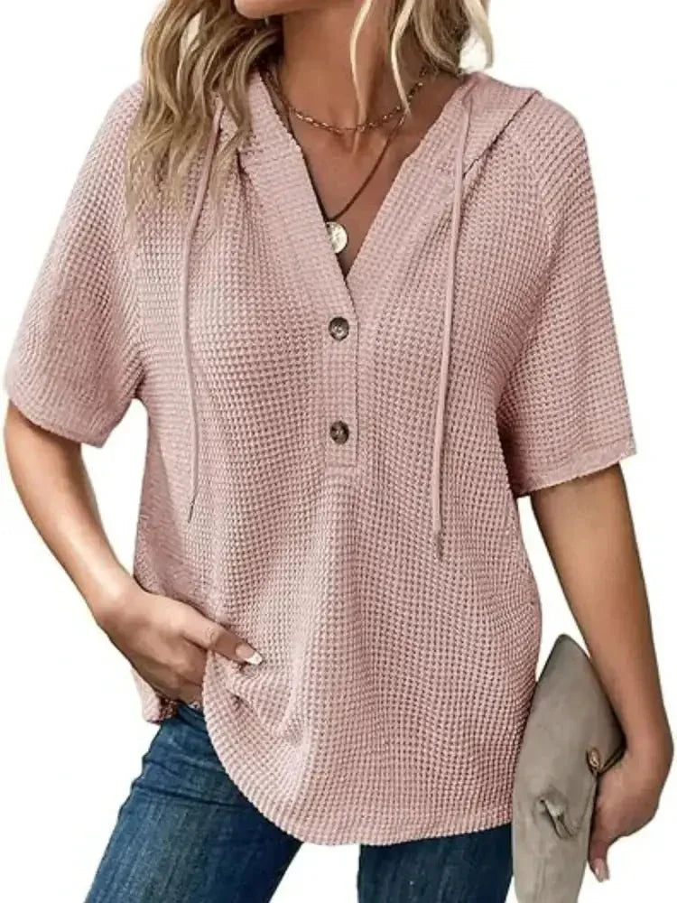 Drawstring Waffle - Knit Short Sleeve Hooded Top - Update AvenueT-ShirtsTrendsi100100465161165100100465161165613b881d - 9902 - 412b - b12c - 4783265d7f8c - Max - OriginDusty Pink