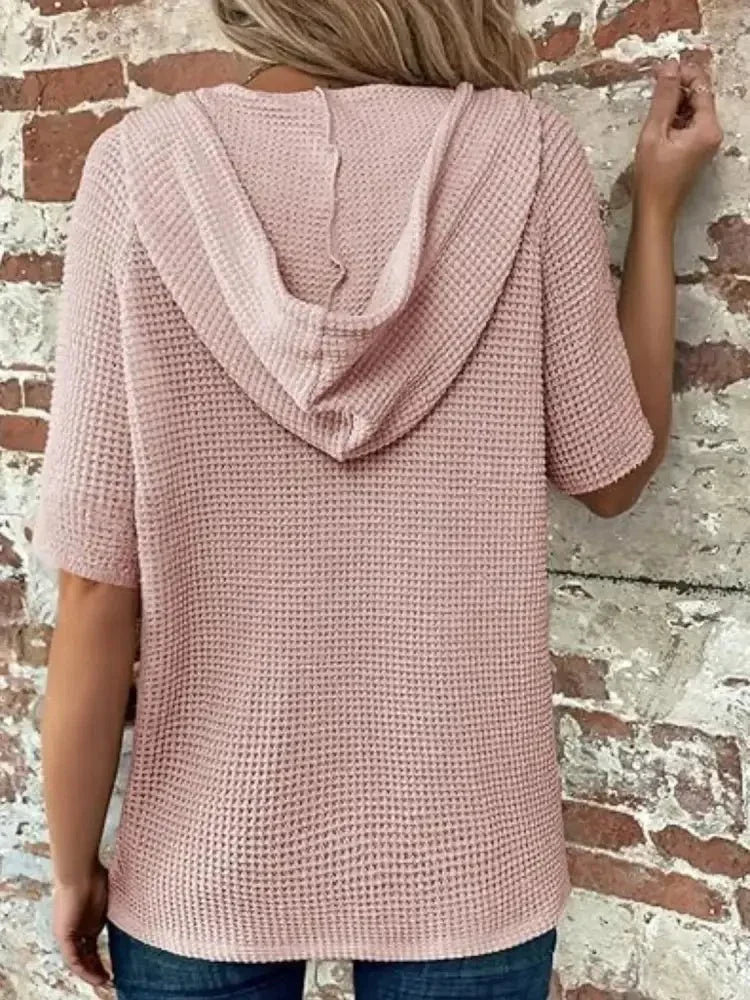 Drawstring Waffle - Knit Short Sleeve Hooded Top - Update AvenueT-ShirtsTrendsi1001004651611651001004651611657353ac22 - 5945 - 49a5 - b903 - 6468a5721f98 - Max - OriginDusty Pink