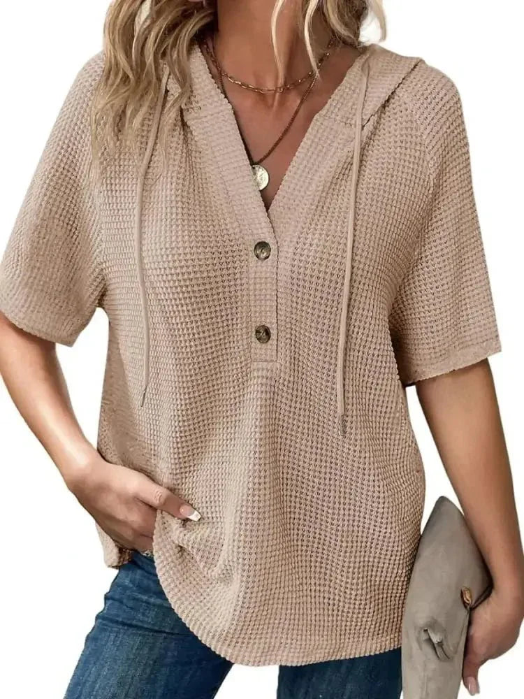 Drawstring Waffle - Knit Short Sleeve Hooded Top - Update AvenueT-ShirtsTrendsi100100465162115100100465162115918bb0a5 - 6cee - 4e1e - a2d0 - bef3ec3d33a3 - Max - OriginCamel