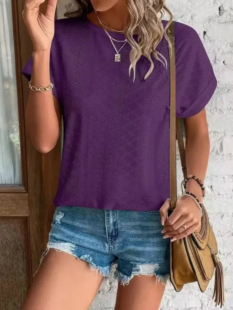 Eyelet Round Neck Short Sleeve T-Shirt - Update AvenueT-ShirtsTrendsi10010029391591810010029391591845ecd91b - 688d - 43fe - 9008 - ec6602a75bdb - Max - OriginPurple