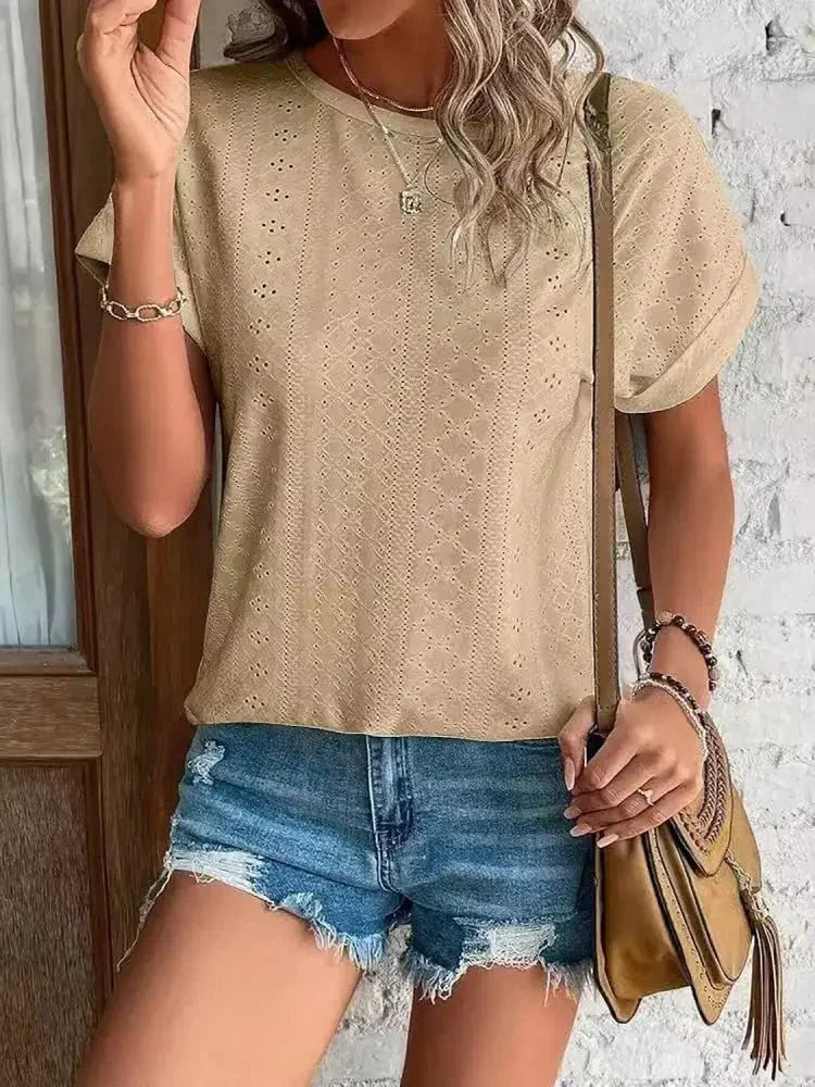 Eyelet Round Neck Short Sleeve T-Shirt - Update AvenueT-ShirtsTrendsi100100293917382100100293917382a283b56f - 162a - 4ca4 - 90f0 - a36816a79c48 - Max - OriginTan