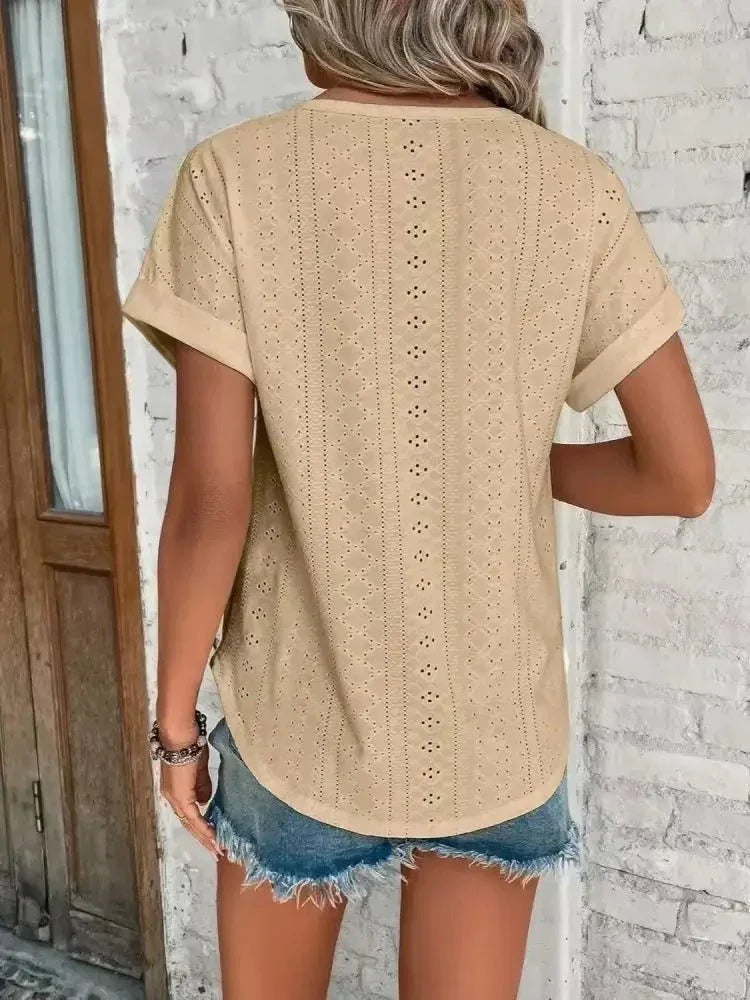 Eyelet Round Neck Short Sleeve T-Shirt - Update AvenueT-ShirtsTrendsi100100293917382100100293917382fc894b07 - 44f9 - 404e - a9c2 - 83441c34e461 - Max - OriginTan