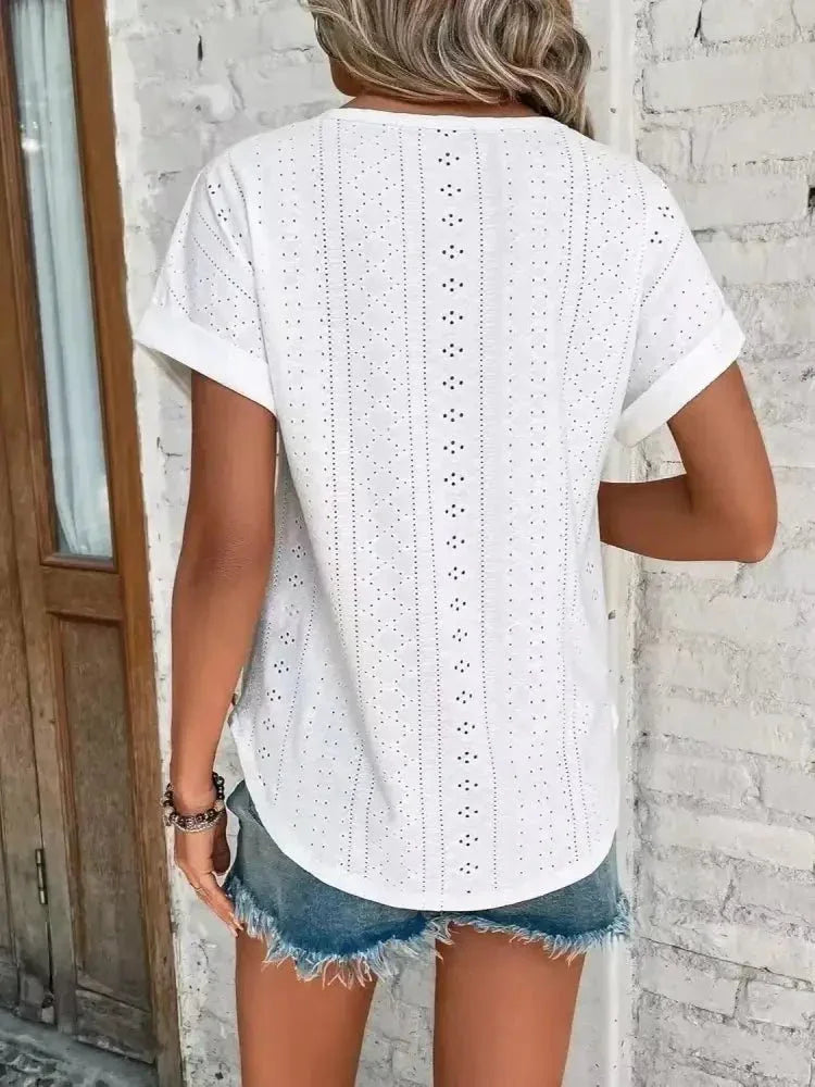 Eyelet Round Neck Short Sleeve T-Shirt - Update AvenueT-ShirtsTrendsi100100293919134100100293919134ab689e83 - 296c - 4e2b - 978a - 7a8bbf73bcd4 - Max - OriginWhite