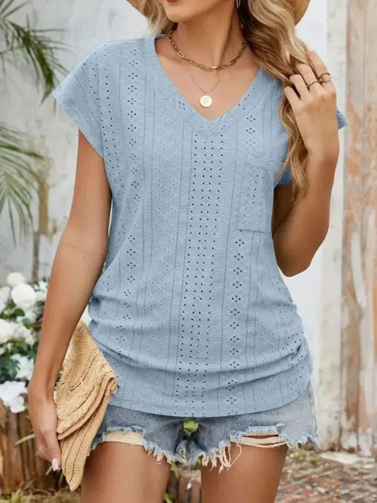 Eyelet V - Neck Short Sleeve Top - Update AvenueT-ShirtsTrendsi100100339041932100100339041932f63f9b4e - ecd3 - 4fc0 - 9b5e - e9cc52bebc43 - Max - OriginLight Blue