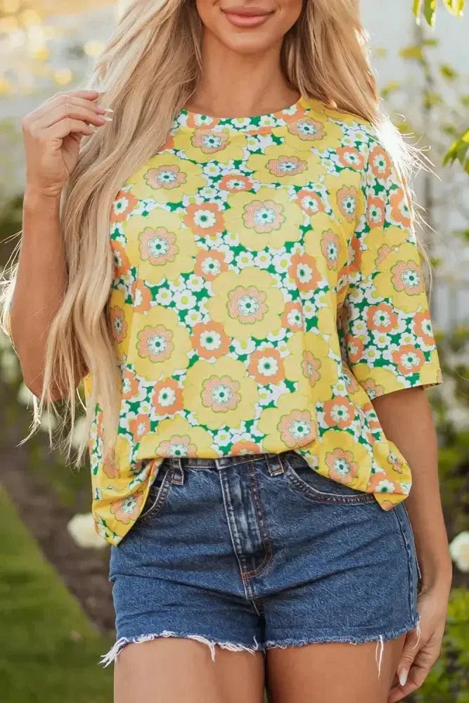 Floral Print Round Neck Oversized T-Shirt - Update AvenueT-ShirtsTrendsi100100481378963100100481378963ed2772c7 - 89ba - 4344 - 81f6 - b6453c3234bb - Max - OriginYellow