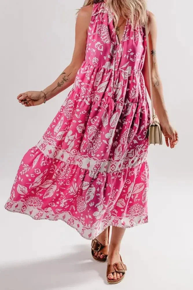 Floral Sleeveless Tasseled Tie Neck Tiered Midi Dress - Update AvenueBoho VibesTrendsi100100894395835100100894395835c1d9b775 - d253 - 4135 - bd12 - a1e176d78ac7 - MaxHot Pink