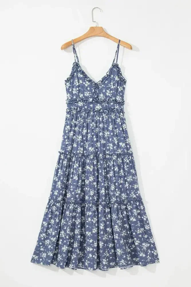 Floral Spaghetti Strap Frilled V Neck Tiered Midi Dress - Update AvenueBoho VibesTrendsi1001002058303451001002058303450b402a9e - b115 - 4bf5 - bd89 - be54c3927b14 - MaxDusty Blue