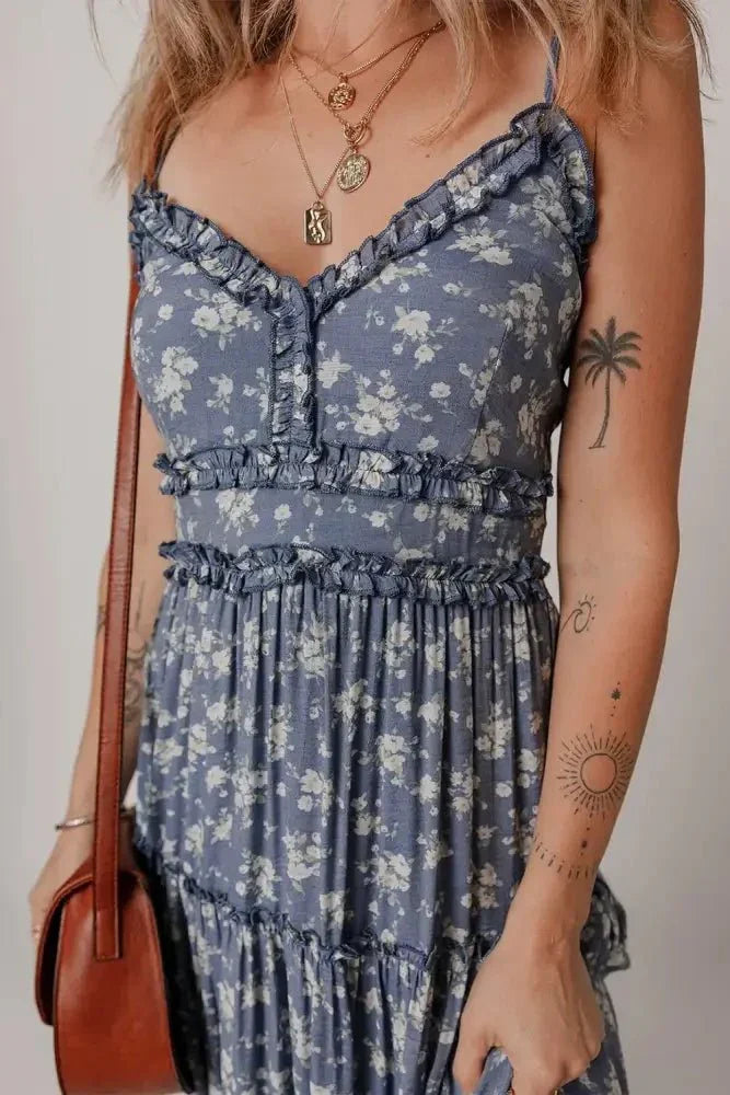 Floral Spaghetti Strap Frilled V Neck Tiered Midi Dress - Update AvenueBoho VibesTrendsi1001002058303451001002058303459f489345 - 2f4b - 47d7 - 9dc3 - 851e32ef8d48 - MaxDusty Blue
