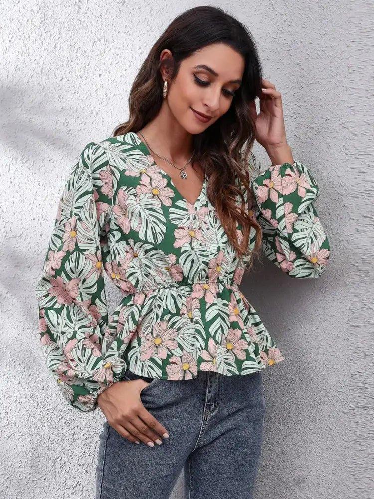 Floral V - Neck Balloon Sleeve Peplum Blouse - Update AvenueTrendsi100101574328968100101574328968bb94a817ff734eb2b7ccfffeb87e2f3a - MaxGreen