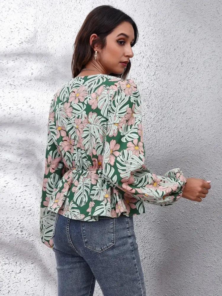 Floral V - Neck Balloon Sleeve Peplum Blouse - Update AvenueTrendsi100101574328968100101574328968d0481b138ada454897136a7b9437e1f5 - MaxGreen