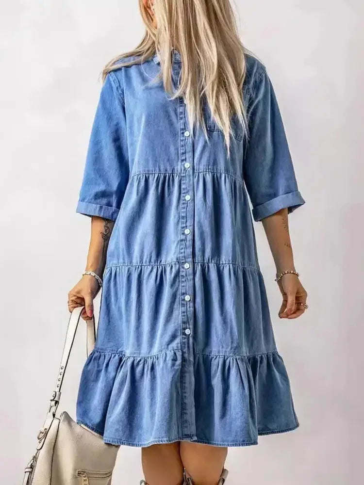 Full Size Ruffled Hem Button Up Denim Midi Dress Plus Size - Update AvenueDenim Dresses & SkirtsTrendsi1001005878456751001005878456751acd3cf471bc4765bea5347707da6079 - Max - OriginBlue