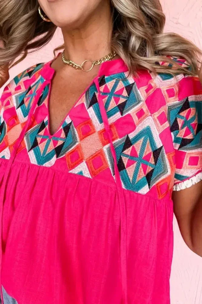 Geometric Embroidered Tassel Tie Neck Blouse - Update AvenueTrendsi1001000822261641001000822261640267e478 - 01ad - 4e03 - b0c2 - 1333c9241e44 - MaxStrawberry