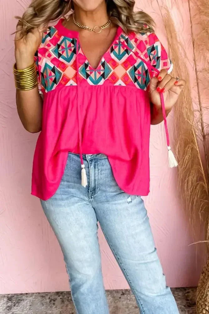 Geometric Embroidered Tassel Tie Neck Blouse - Update AvenueTrendsi100100082226164100100082226164bc53224b - c152 - 422d - 8c62 - d54d61f491e6 - MaxStrawberry