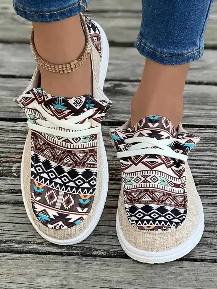 Geometric Lace-Up Round Toe Slip-Ons