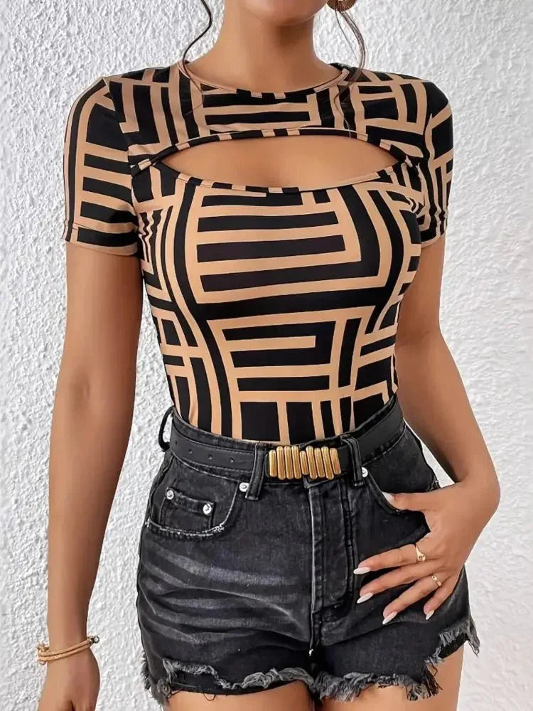Geometric Print Cutout Short Sleeve T-Shirt - Update AvenueT-ShirtsTrendsi100100831371158100100831371158b9d66685e71a4296a7014dc06605886b - Max - OriginKhaki