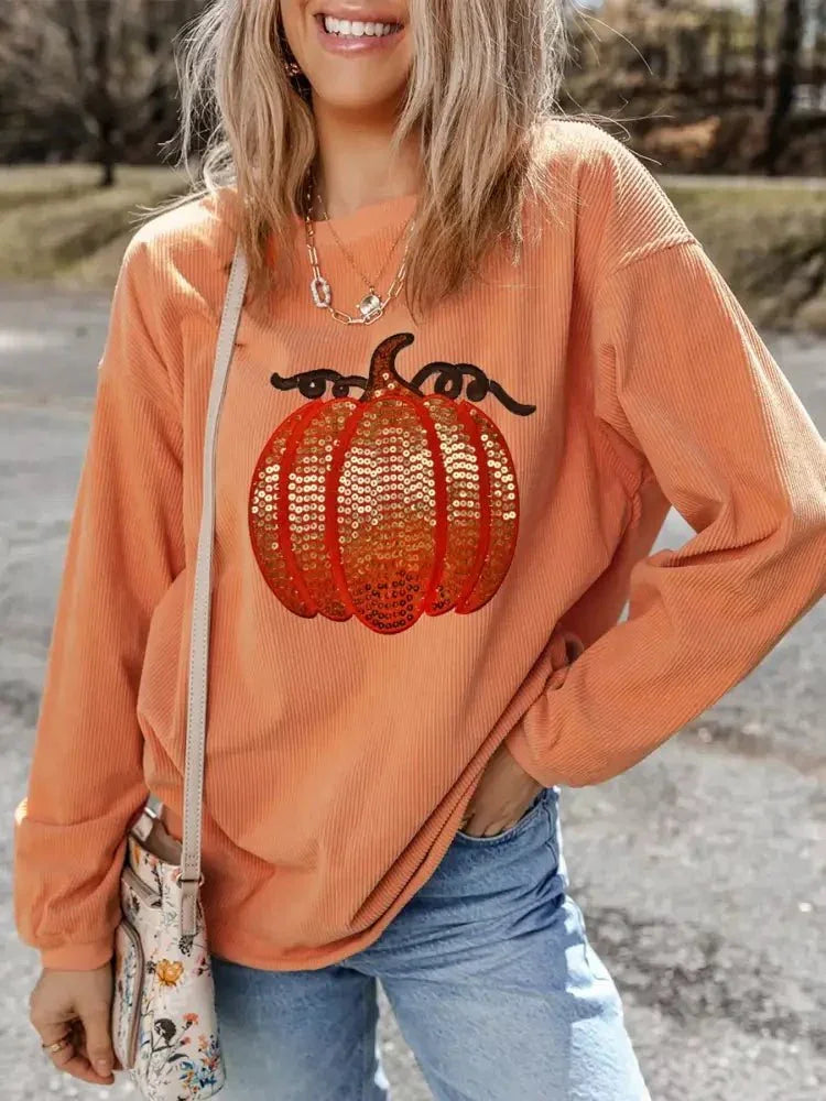 Halloween Sequined Pumpkin Ribbed Round Neck Sweatshirt - Update AvenueHalloweenTrendsi100100712885386100100712885386b8a76dc4 - 9da4 - 4696 - ae15 - 7d9bf66e7d66 - Max - OriginTangerine