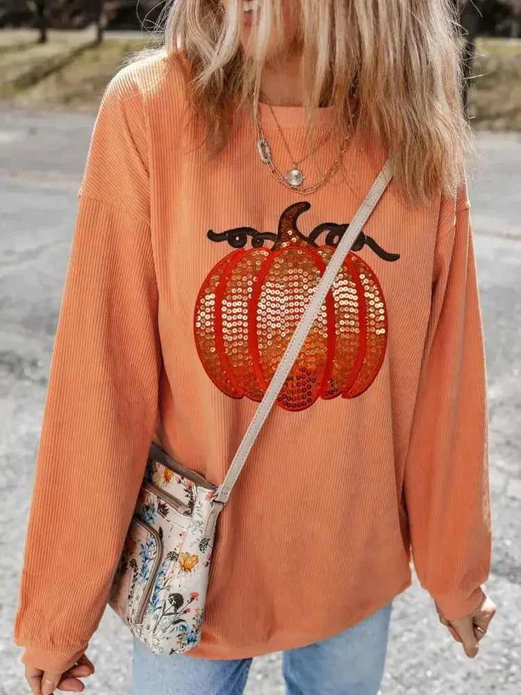 Halloween Sequined Pumpkin Ribbed Round Neck Sweatshirt - Update AvenueHalloweenTrendsi1001007128853861001007128853862a796615 - ea31 - 4d26 - 9181 - e81db2355c45 - Max - OriginTangerine