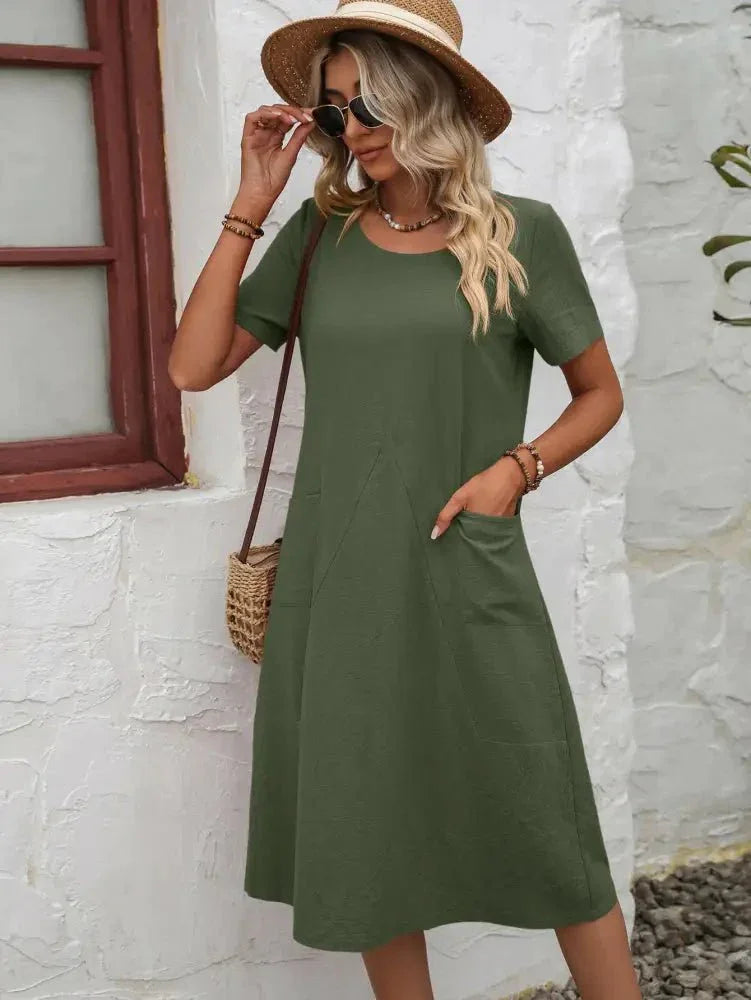 Ivy Lane Round Neck Short Sleeve Dress with Pockets - Update AvenueTrendsi10010073877022110010073877022154d3b60369564dd48b122c6287722a2b - MaxMatcha Green