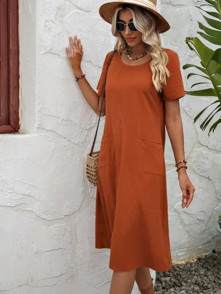 Ivy Lane Round Neck Short Sleeve Dress with Pockets - Update AvenueTrendsi100100738771374100100738771374cbe86a2061714e9eb9e8d3183071b614 - MaxCaramel