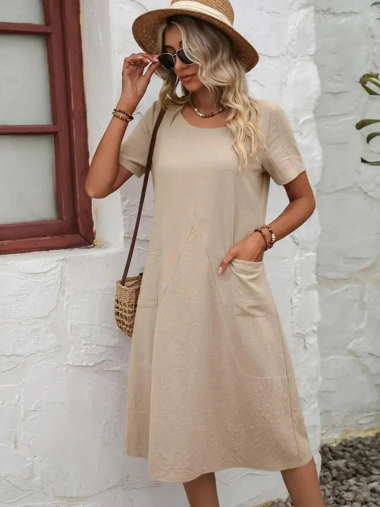 Ivy Lane Round Neck Short Sleeve Dress with Pockets - Update AvenueTrendsi100100738778159100100738778159b57668cbcf0846e59c6dc7e56058ee44 - MaxTan