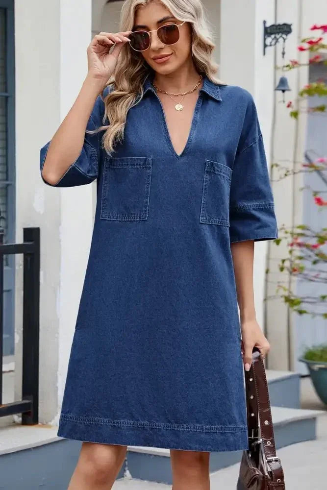 Johnny Collar Half Sleeve Denim Dress - Update AvenueVacation StyleTrendsi10010024262132710010024262132712e8f637 - f6b4 - 4c9e - ae3f - d17c5eee2016 - MaxDark