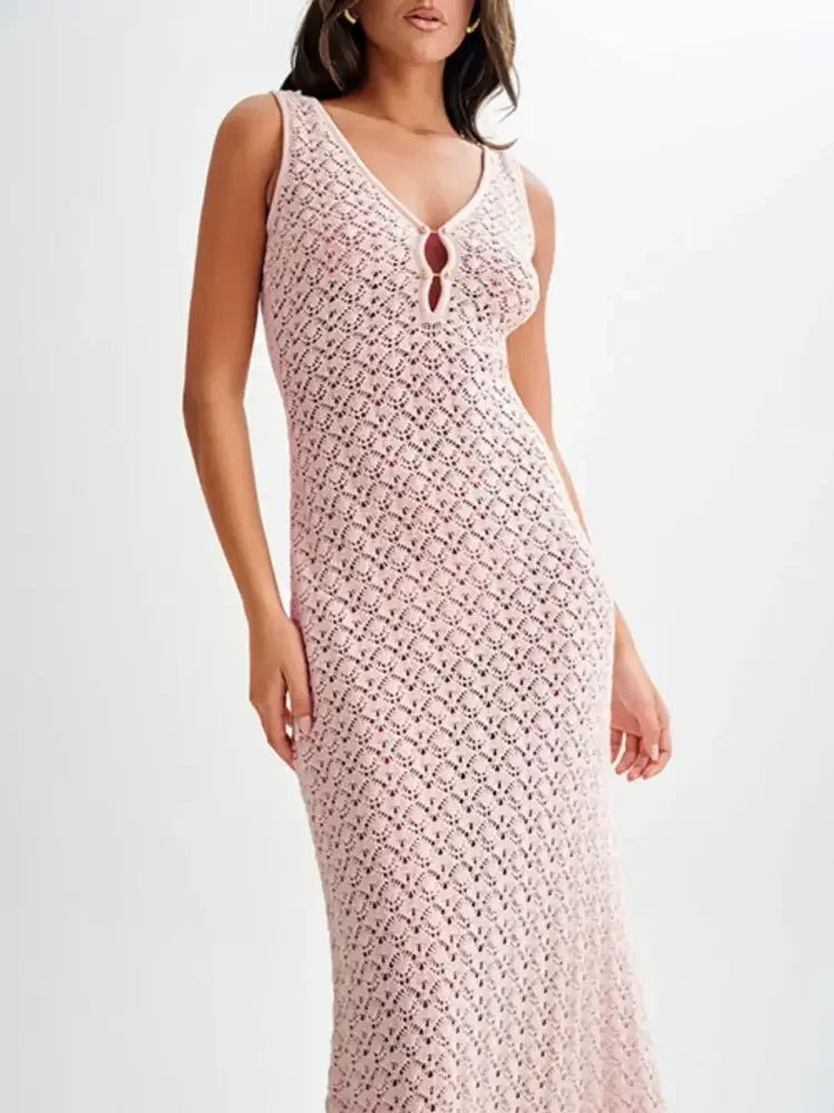 Lace Crochet V-Neck Sleeveless Maxi Dress