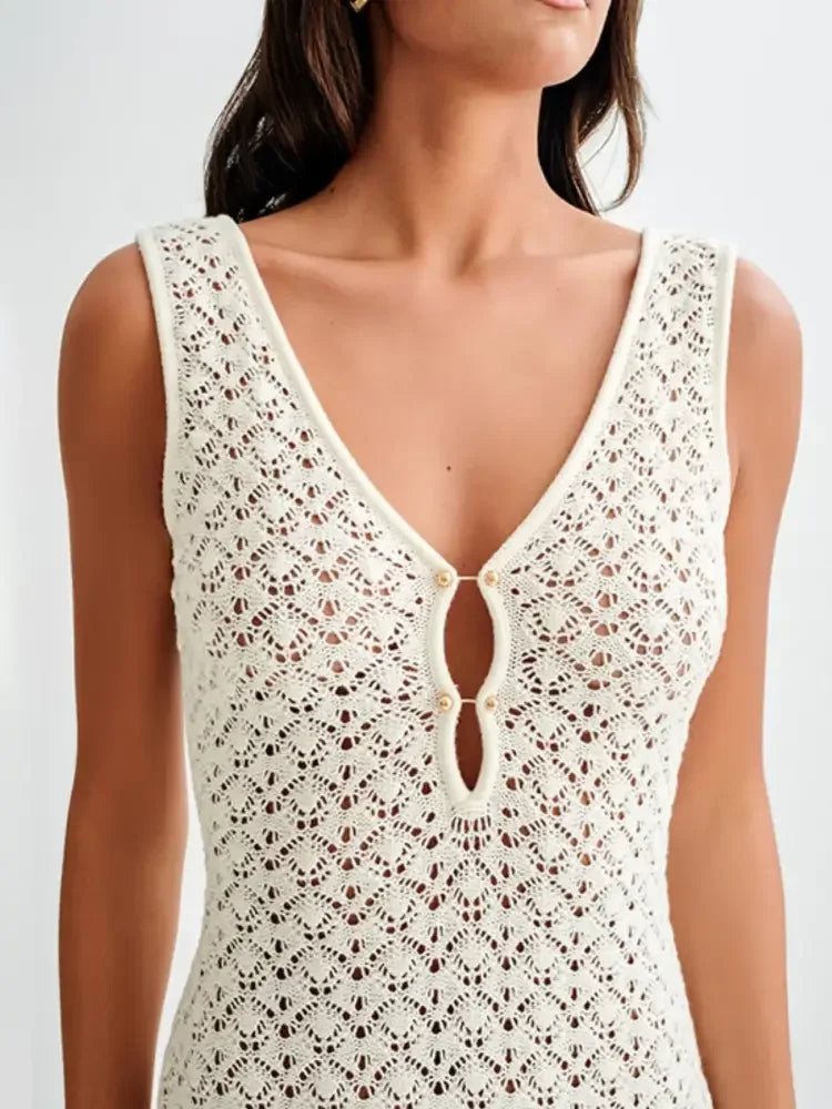 Lace Crochet V-Neck Sleeveless Maxi Dress