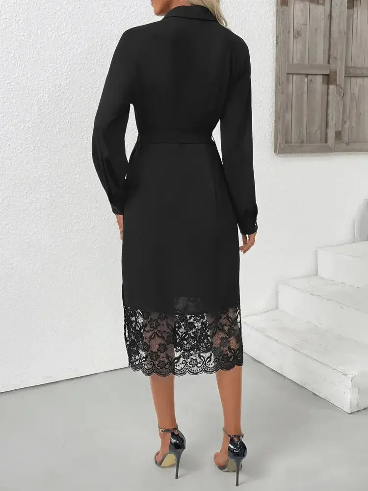 Lace Detail Button-Front Midi Shirt Dress