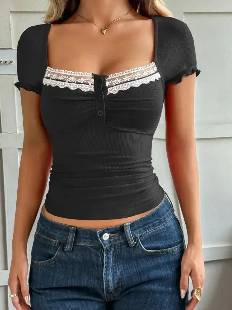 Lace Detail Short Sleeve T-Shirt - Update AvenueT-ShirtsTrendsi1001006336464991001006336464997a47ee9070b4468ab6f6abbf0904f485 - Max - OriginBlack