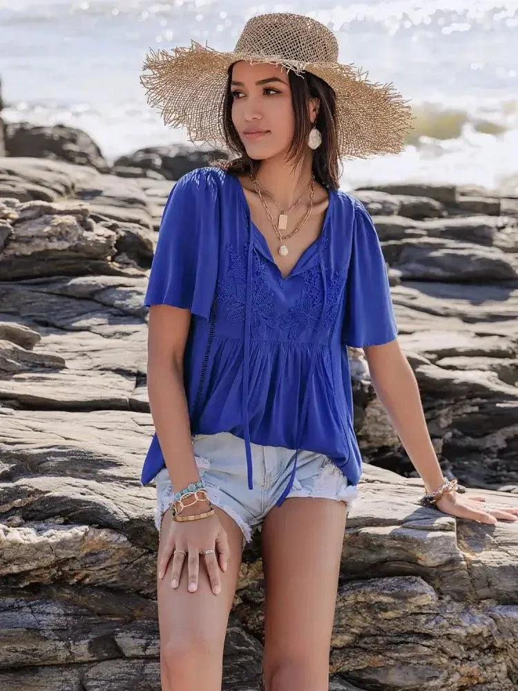 Lace Detail Tie Neck Short Sleeve Top - Update AvenueT-ShirtsTrendsi1001000841010291001000841010294d3ce5ad - 87b2 - 4832 - 9edc - 8be97ff846ee - Max - OriginRoyal Blue