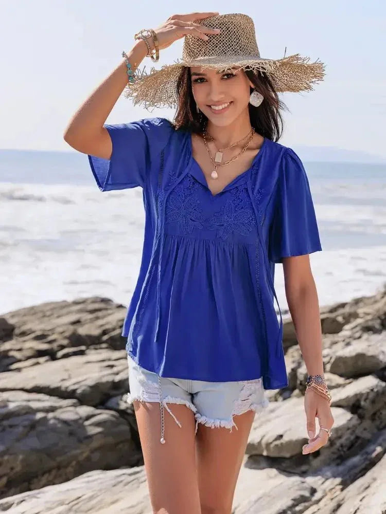 Lace Detail Tie Neck Short Sleeve Top - Update AvenueT-ShirtsTrendsi100100084101029100100084101029049bdd09 - a0cf - 415a - 82a0 - 9af3186ce8c8 - Max - OriginRoyal Blue