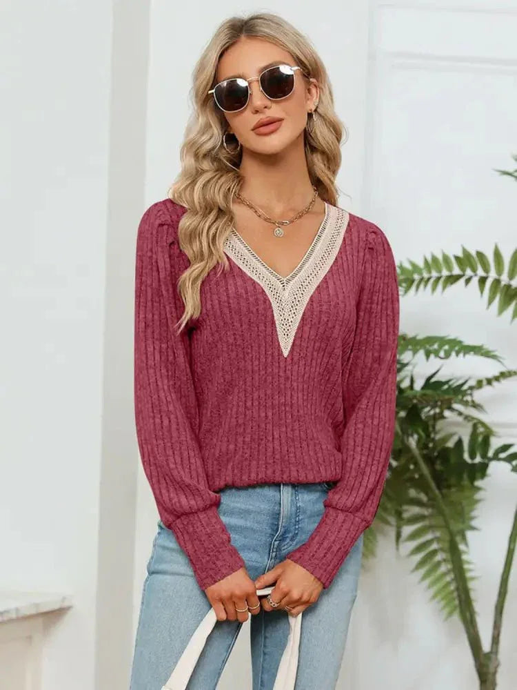 Lace Detail V - Neck Ribbed Blouse - Update AvenueTrendsi100101153923240100101153923240f207ff44d95b41248f366dadb04475ca - MaxBrick Red