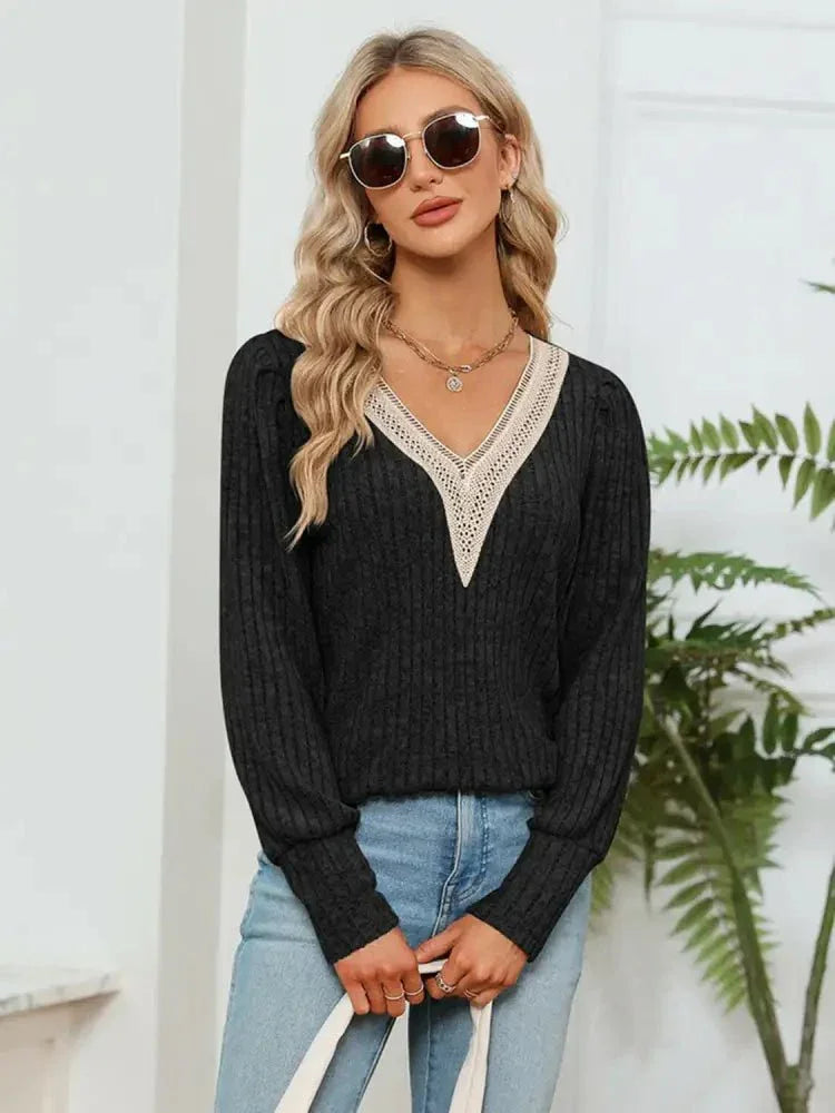 Lace Detail V - Neck Ribbed Blouse - Update AvenueTrendsi100101153925990100101153925990d901c11329ff4b4f830417bf210411c6 - MaxBlack
