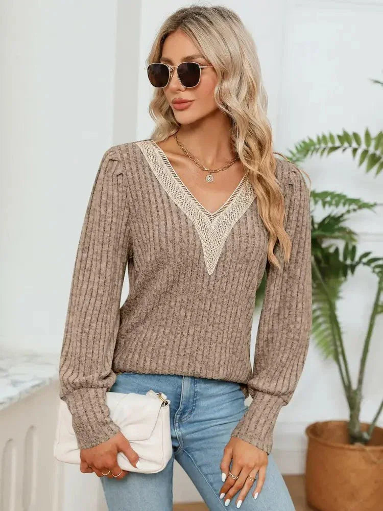 Lace Detail V - Neck Ribbed Blouse - Update AvenueTrendsi100101153928347100101153928347856b09acb9c348ac835892f622d28dc3 - MaxKhaki