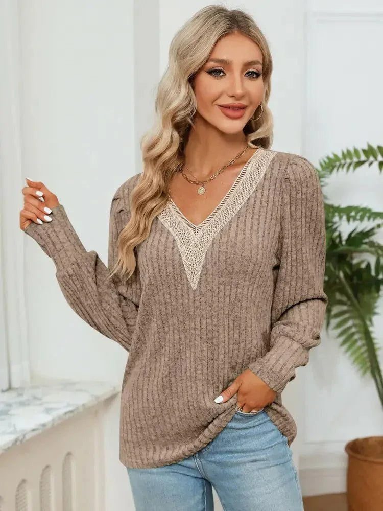 Lace Detail V - Neck Ribbed Blouse - Update AvenueTrendsi1001011539283471001011539283478bdf66415e9b4d5b81ddf631b22f7e8b - MaxKhaki