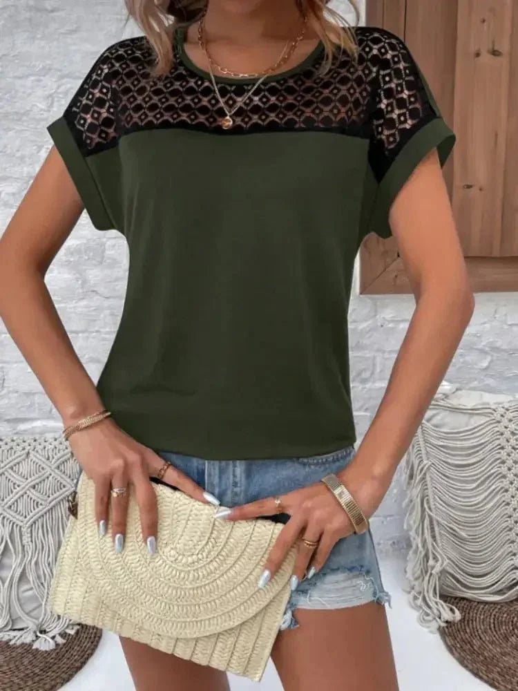 Lace Round Neck Short Sleeve T-Shirt - Update AvenueT-ShirtsTrendsi10010014239155410010014239155458520039 - c339 - 4dd4 - 9d41 - 0e153c4f3e62 - Max - OriginArmy Green