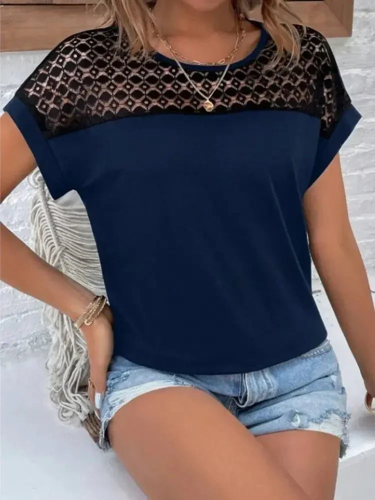 Lace Round Neck Short Sleeve T-Shirt - Update AvenueT-ShirtsTrendsi10010014239672810010014239672845ee5aa5 - cd44 - 46d7 - a914 - 74f53b782c6c - Max - OriginDark Navy