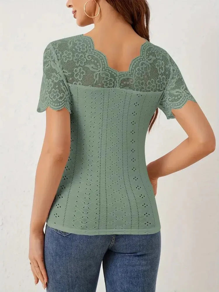 Lace Trim Eyelet Embroidered Summer T-Shirt - Update AvenueT-ShirtsTrendsi100100594689442100100594689442ed220eda11c4447fad5ceb880b454089 - Max - OriginOcean Green