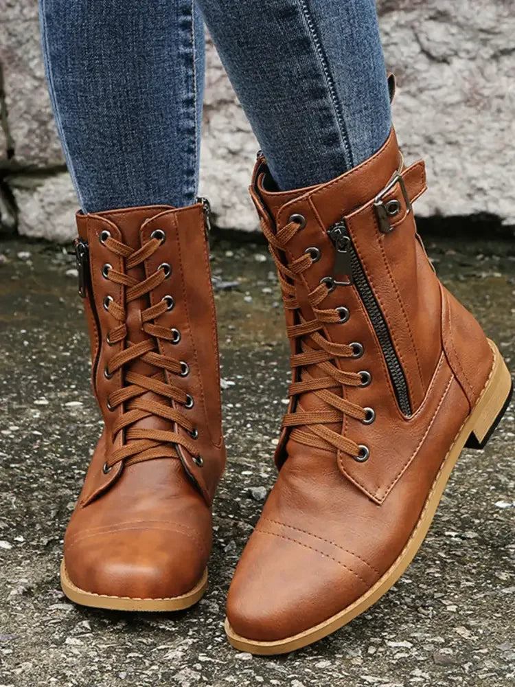Lace-Up Boots with Side Zipper