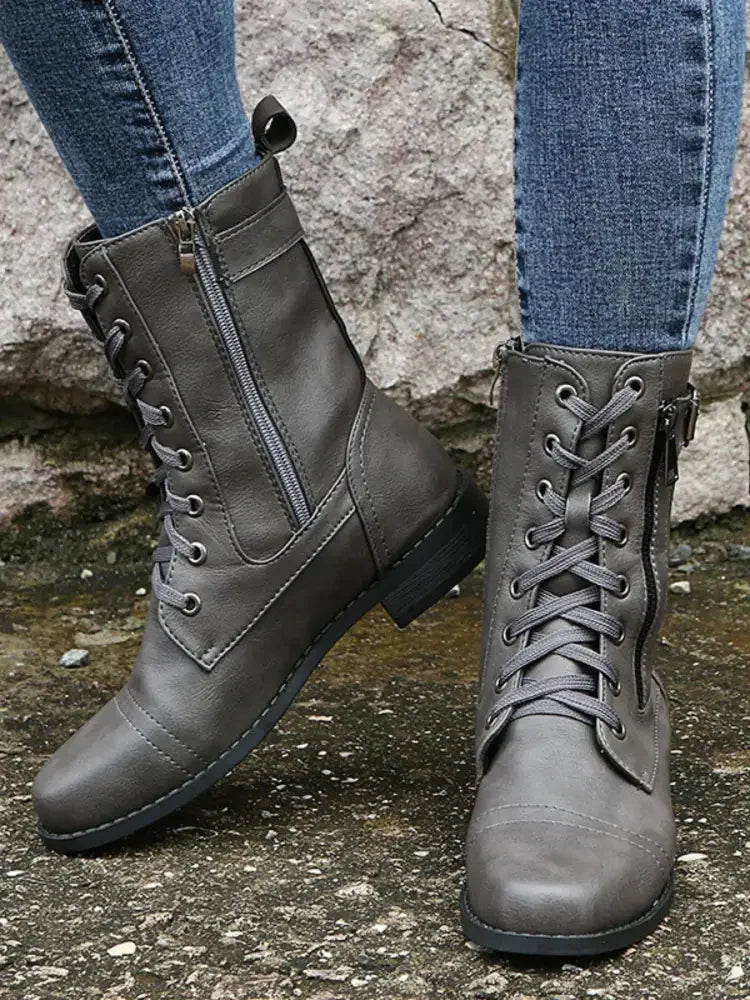 Lace-Up Boots with Side Zipper