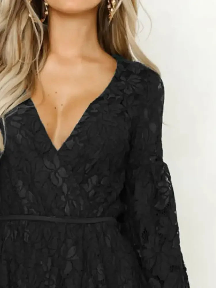 Lace V-Neck Long Sleeve Mini Dress