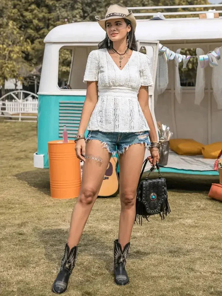 Lace V - Neck Short Sleeve Top - Update AvenueBoho VibesTrendsi10010027714178710010027714178764411d70 - 88fa - 4d53 - 9835 - 82d8020f9931 - MaxWhite