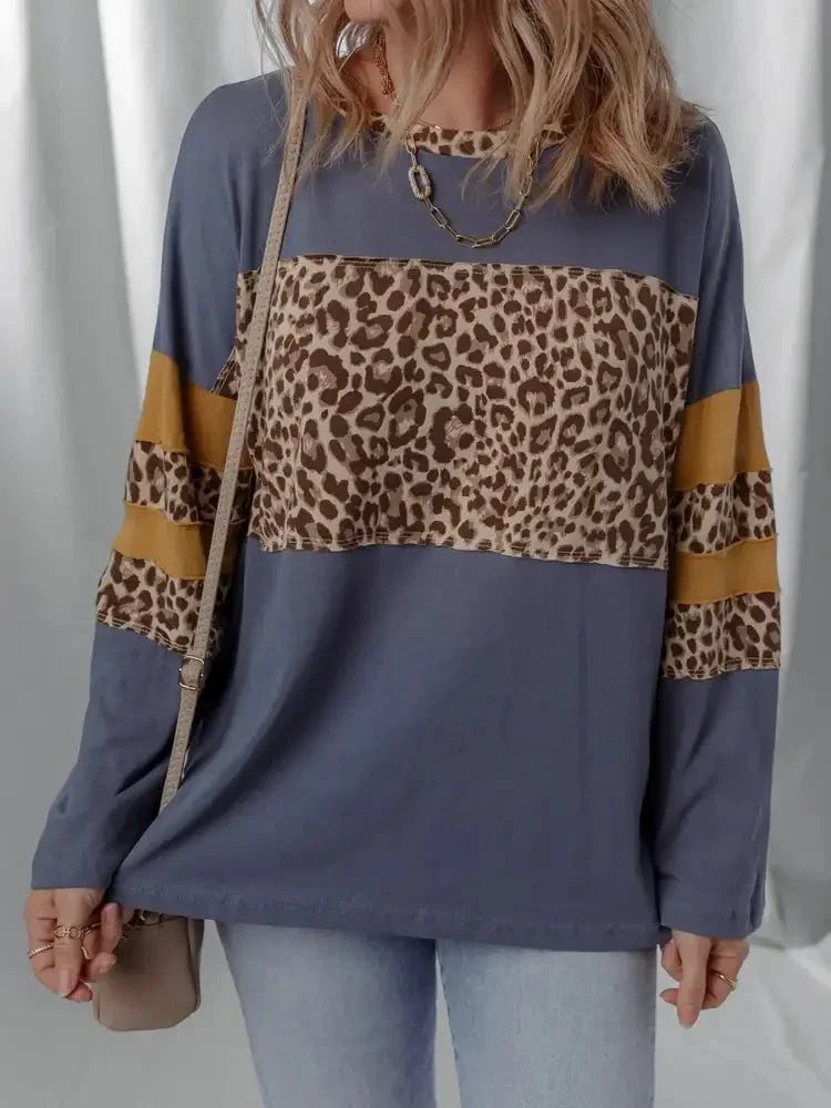 Leopard Color Block Long Sleeve Drop Shoulder Top - Update AvenueT-ShirtsTrendsi1001002314180181001002314180188611b674760e44b0994bd7505f3f0395 - Max - OriginDark Blue