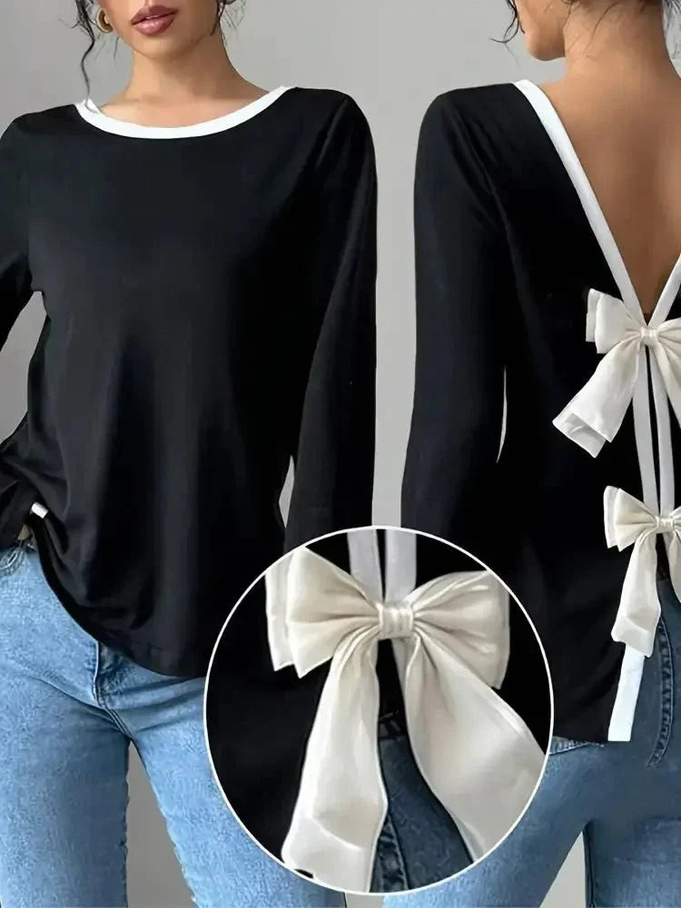 Long Sleeve Bow Tie Back T-Shirt - Update AvenueT-ShirtsTrendsi10010050947942410010050947942438b4127ec51a45fea54de1d1fa6eb7e9 - Max - OriginBlack/White