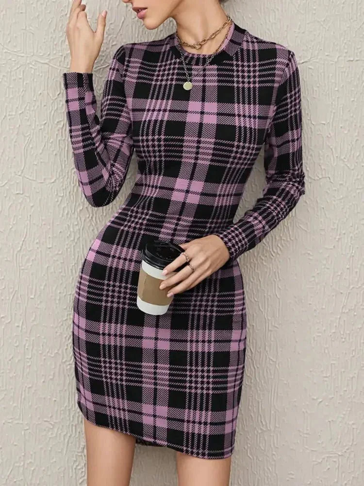 Long Sleeve Plaid Bodycon Mini Dress - Update AvenueTrendsi1001007415422031001007415422038d9b83798a5b4de5b2c92c9e2e3089b6 - Max - OriginPink Purple
