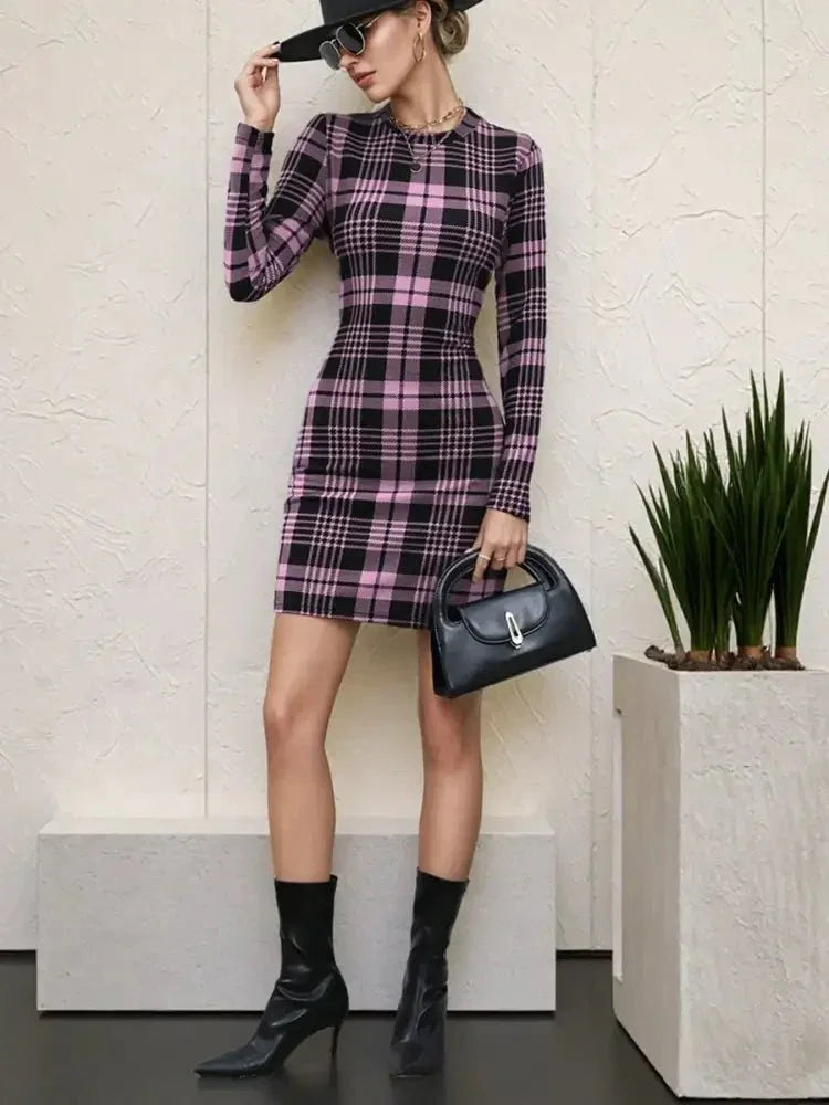 Long Sleeve Plaid Bodycon Mini Dress - Update AvenueTrendsi1001007415422031001007415422038e9a44f43b94499393e2d5638d5945b5 - Max - OriginPink Purple
